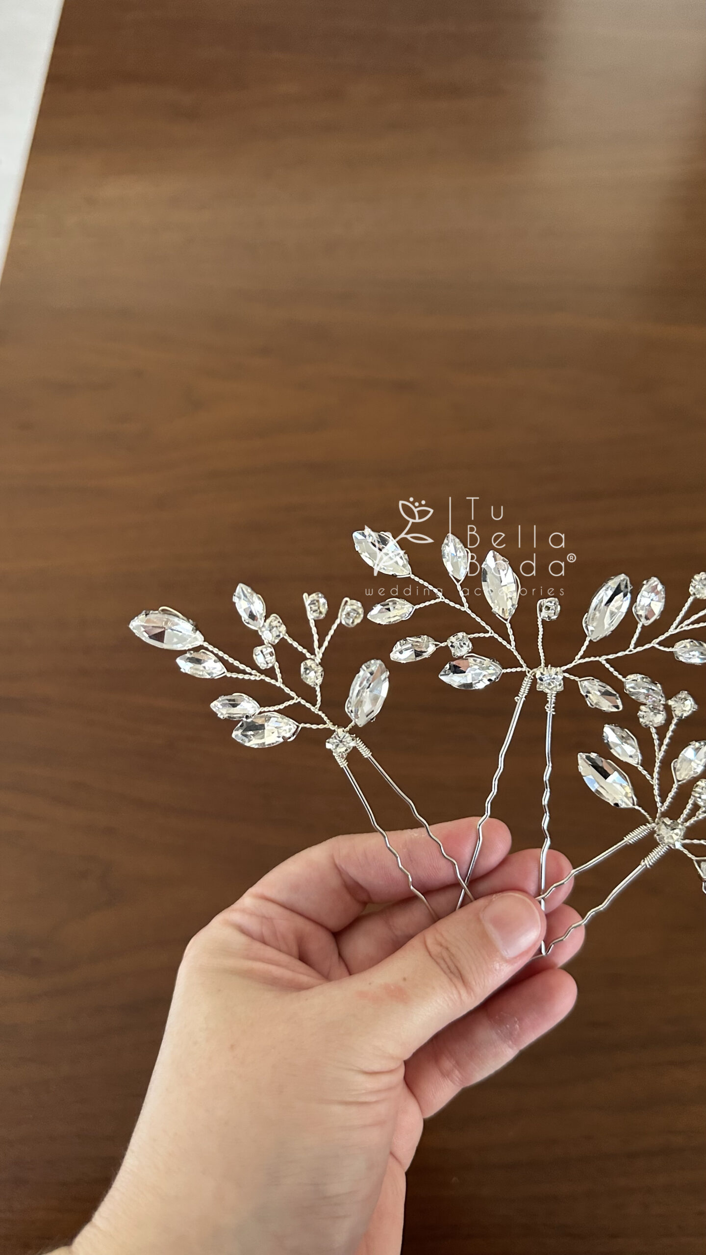 Set de Pines Éllodie - detalle de tres horquillas plateadas con brillantes