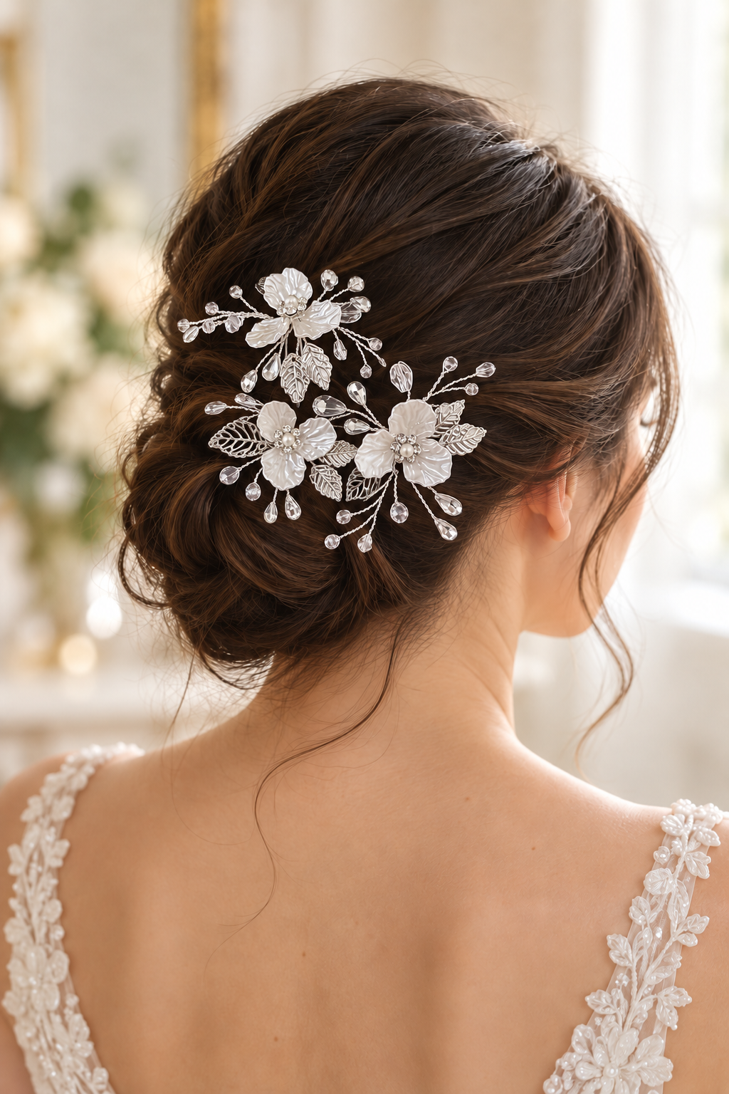 Modelo vestida de novia usando las tres horquillas Elianne alrededor de un chongo